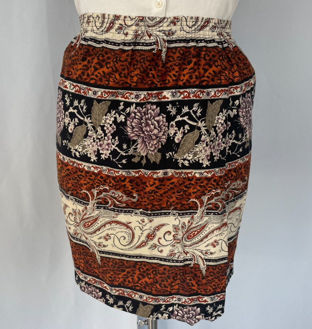Vintage Mini Skirt Size 14 Black Brown Mix Print Cheetah Floral Boho Pull On 90s